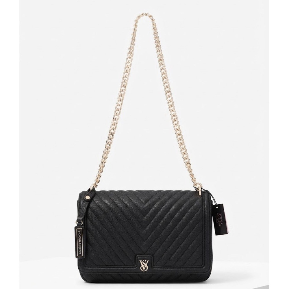 Victoria's Secret Black Quilted Chevron Crossbody Bag with Gold Chain Strap NWT